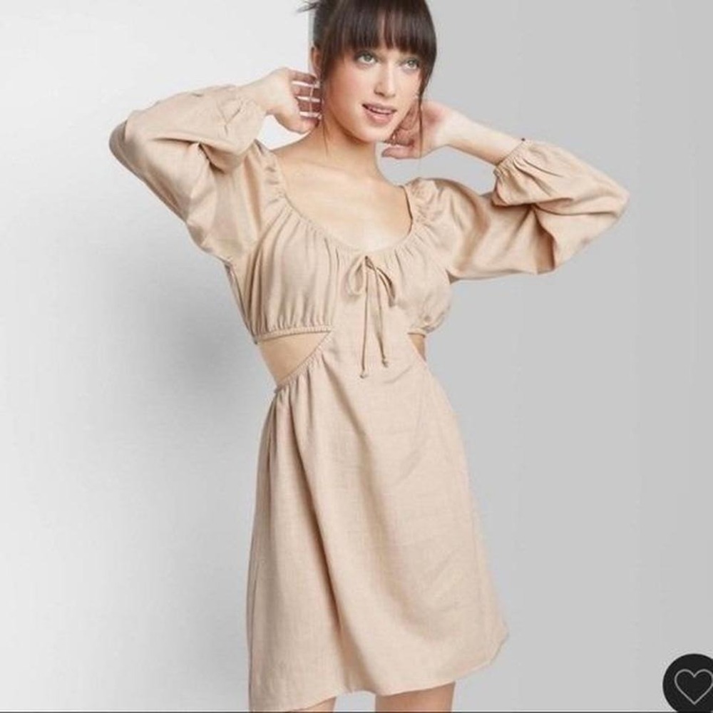 Wild Fable Cutout Mini Dress Tie Front Long Sleeve Casual Light Taupe L